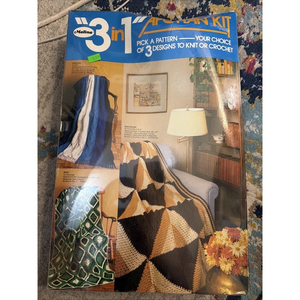 VINTAGE MALINA 3 In 1 AFGHAN KIT CROCHET Earthtones Brand New!